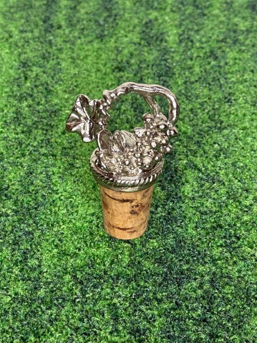 Vintage Grapevine Wine Bottle Stopper Silver Tone Metal Cork Unmarked